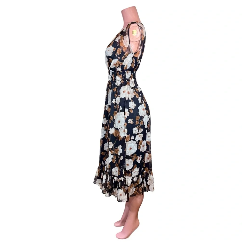 NWT Arbercombie & Fitch Easy High‎ Neck Midi Dress Womens Black Brown Floral XSP